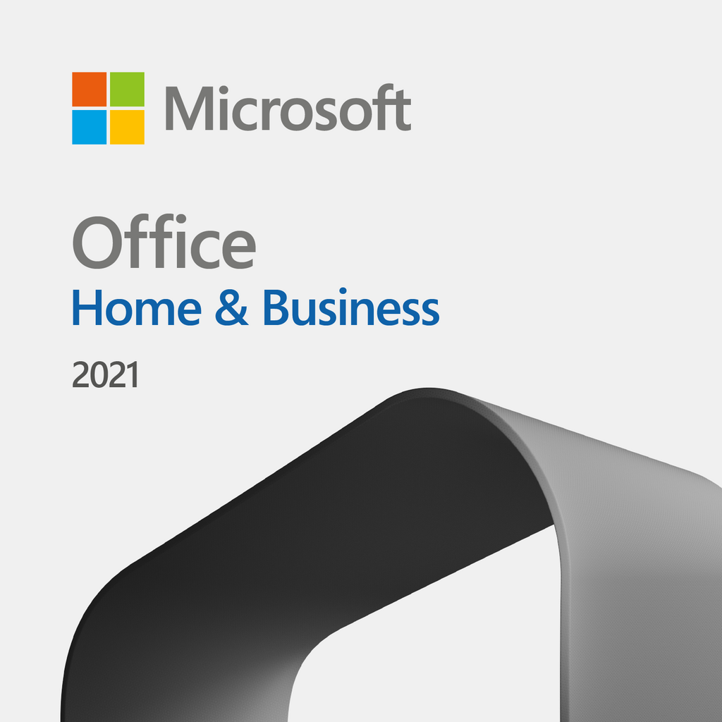 Microsoft Office 2021 Home and Business software box with icons on blue background