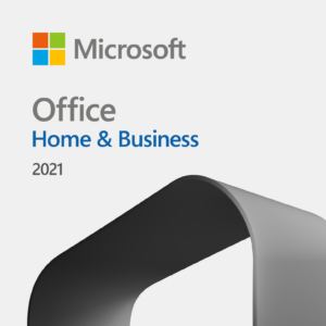Microsoft Office 2021 Home and Business software box with icons on blue background