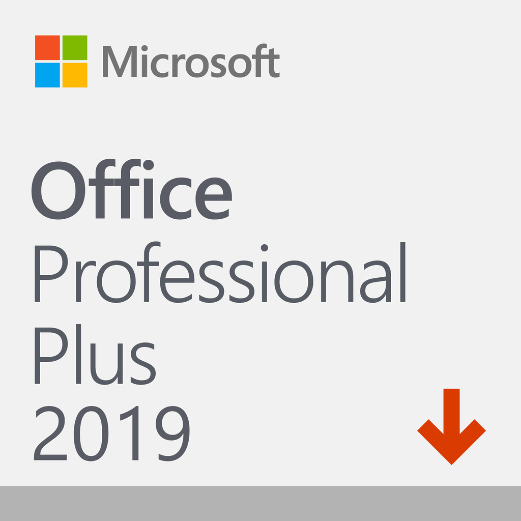 Box packaging of Office 2019 Professional Plus software with colorful icons