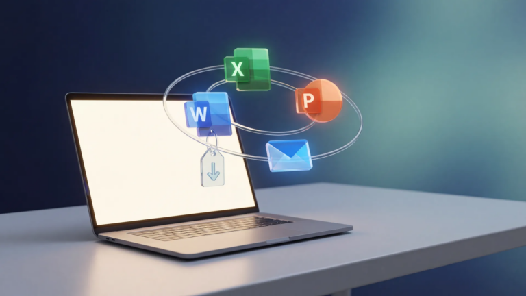 Laptop with Word Excel PowerPoint Outlook icons and price tag