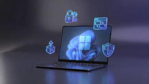 Windows 11 laptop with Pro feature icons