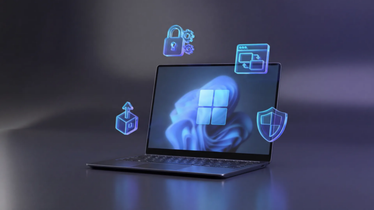 Windows 11 laptop with Pro feature icons