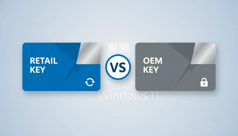 Windows 11 Pro Retail Key vs OEM Key comparison infographic