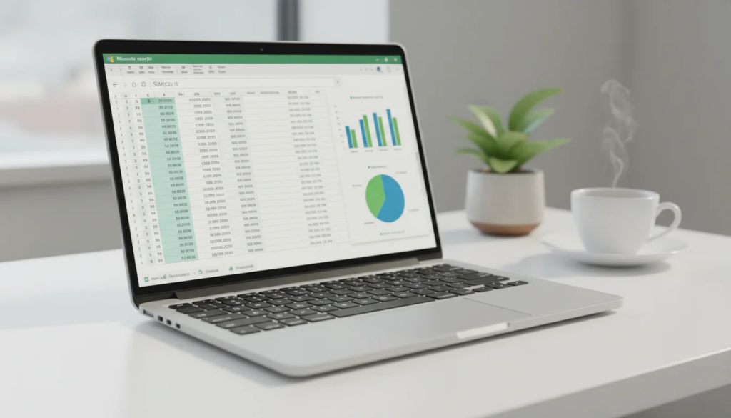 Excel tutorial for beginners showing Microsoft Excel spreadsheet with charts and formulas on laptop screen