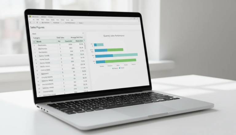 Excel pivot table tutorial showing PivotTable and pivot chart with sales data on laptop screen