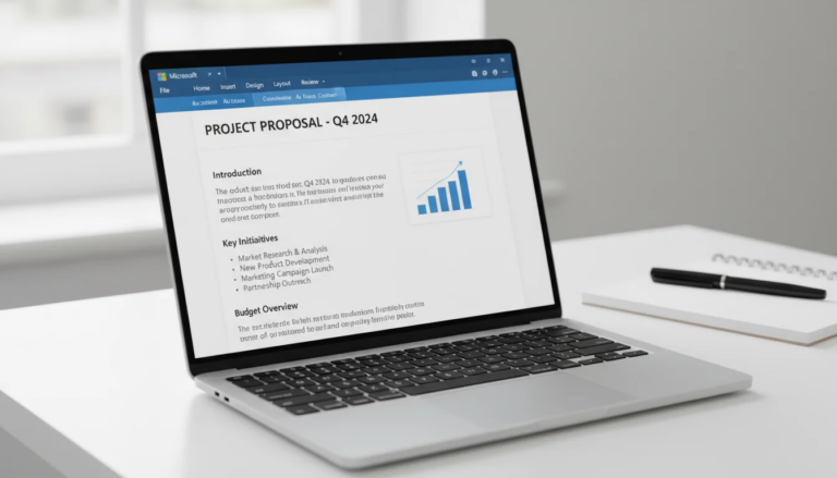 Microsoft Word tutorial for beginners showing Word document editor with formatted text on laptop