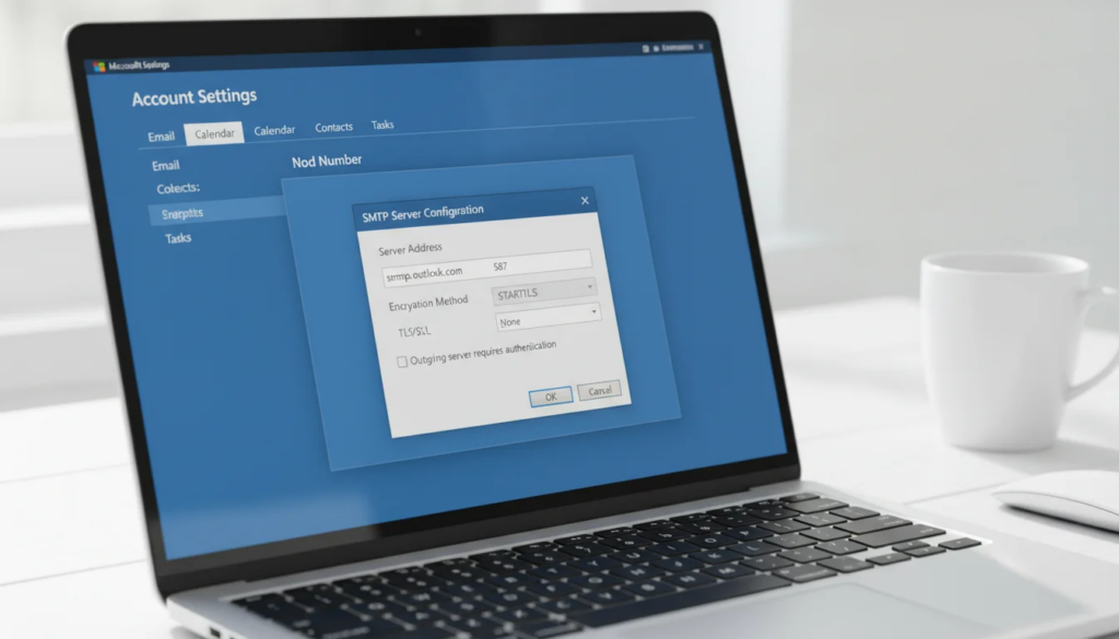 Outlook SMTP settings configuration showing server address and port settings