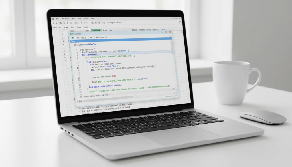 Excel macros and VBA tutorial showing Visual Basic editor with code in Microsoft Excel