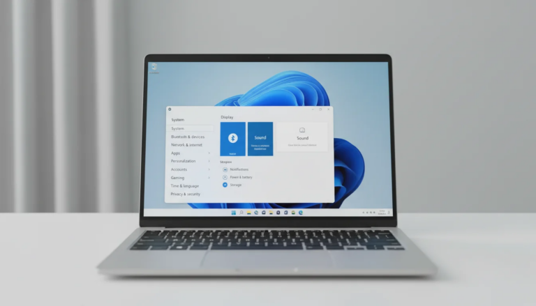 Windows 11 Settings app showing main categories and system settings on laptop