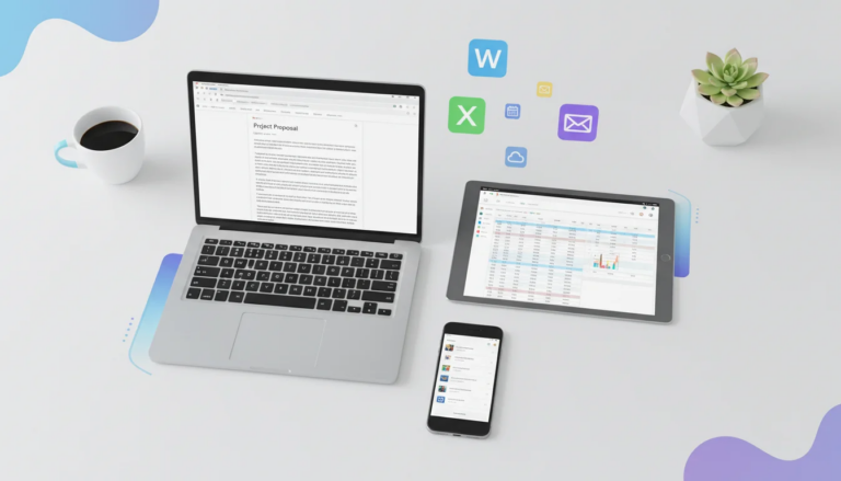 Best productivity software for Windows in 2026 showing laptop tablet and phone with office apps