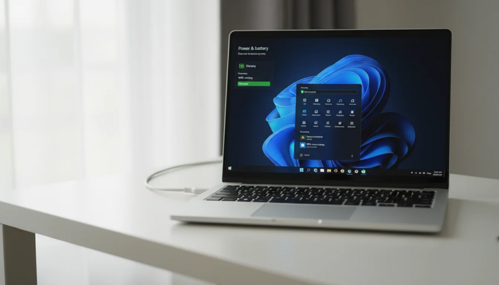 Windows 11 power settings showing Power and battery configuration on laptop
