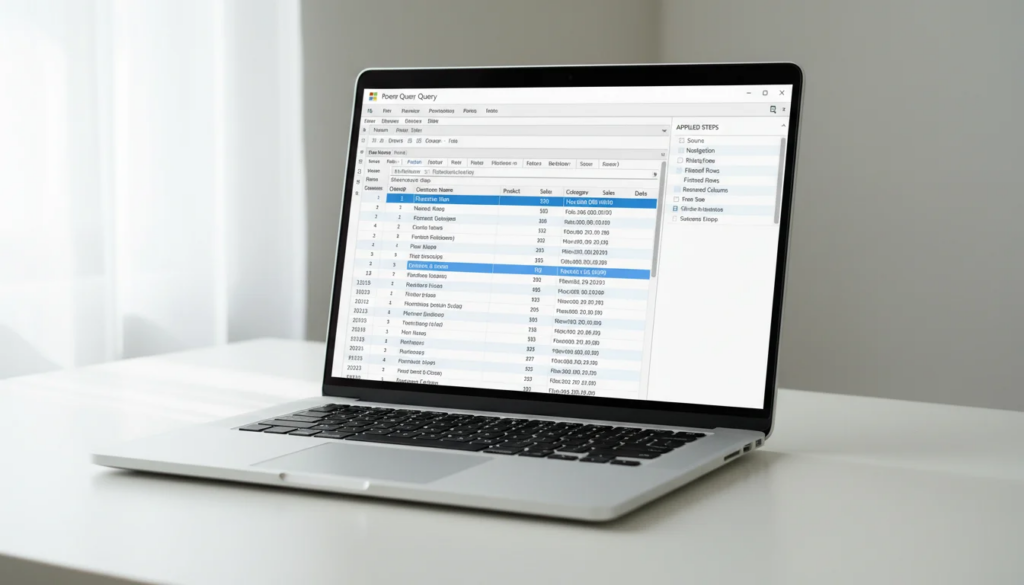 Excel Power Query tutorial showing Power Query Editor with data transformation steps