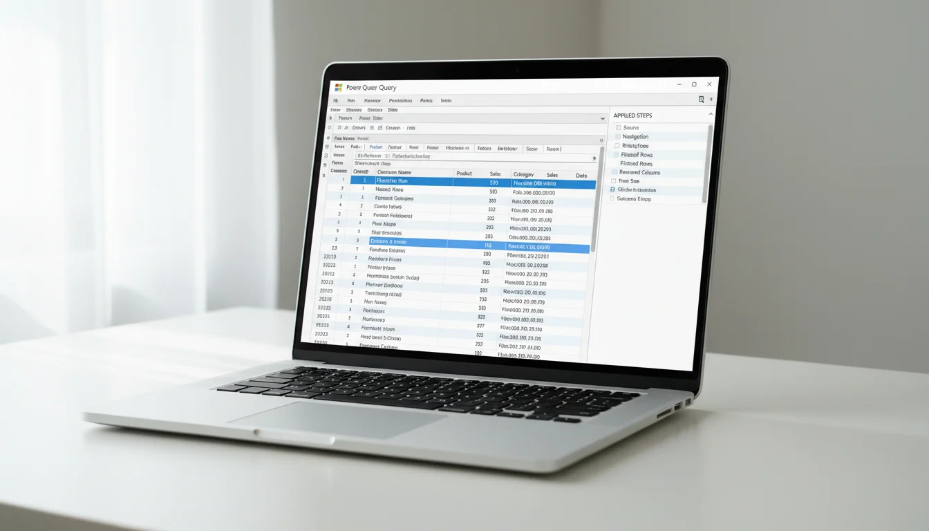Excel Power Query tutorial showing Power Query Editor with data transformation steps