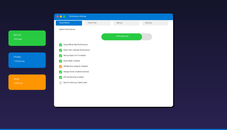 Windows 11 performance settings optimization with visual effects power plan startup and gaming tweaks