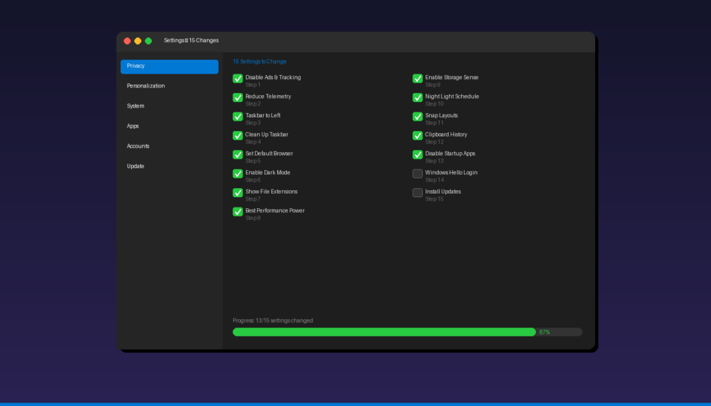 15 Windows 11 settings to change after installation with dark mode checklist and progress bar