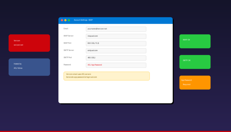 How to set up Verizon email in Microsoft Outlook using AOL IMAP SMTP servers with app password