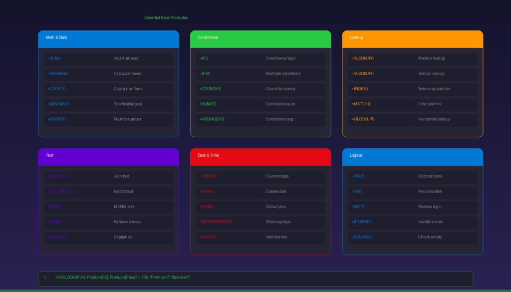 Essential Excel formulas cheat sheet with math conditional lookup text date and logical function categories