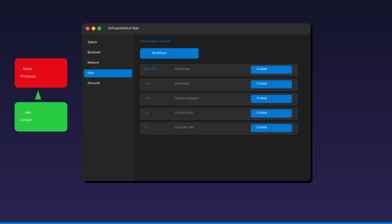 Set Outlook as default email client in Windows 11 Default Apps settings with MAILTO and file associations