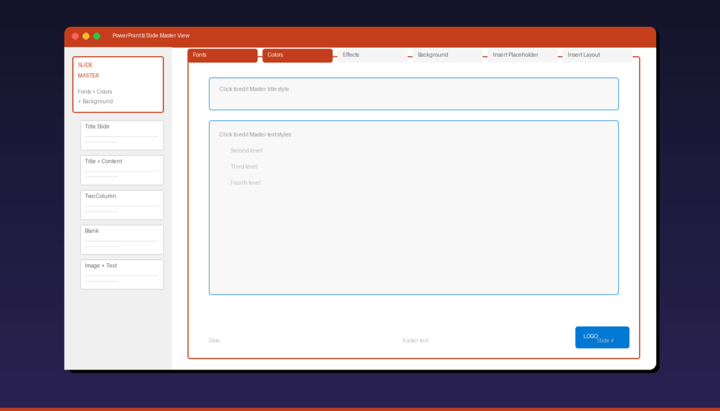 PowerPoint Slide Master tutorial showing master view with layouts fonts colors placeholders and logo