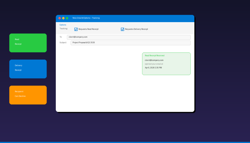 Outlook read receipt setup showing tracking options and read receipt notification
