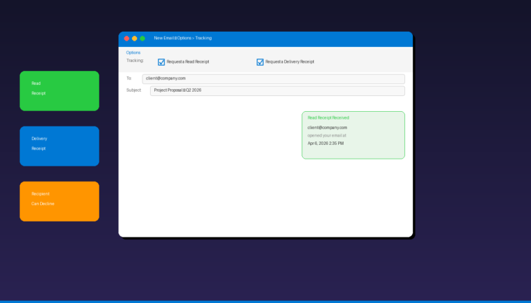 Outlook read receipt setup showing tracking options and read receipt notification