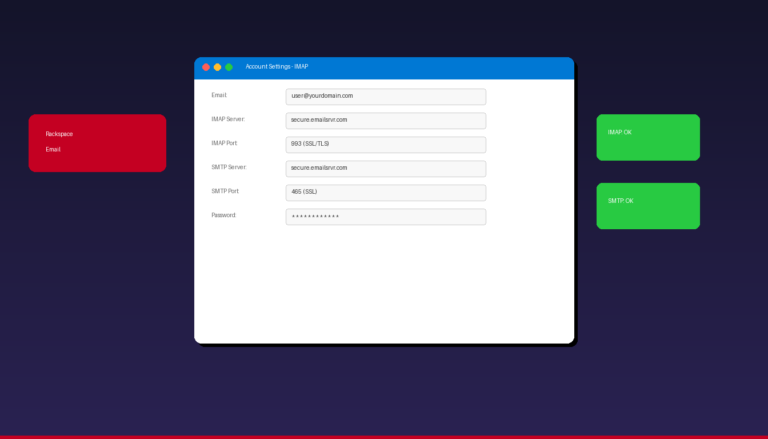 Rackspace email setup in Outlook with secure.emailsrvr.com IMAP and SMTP server settings