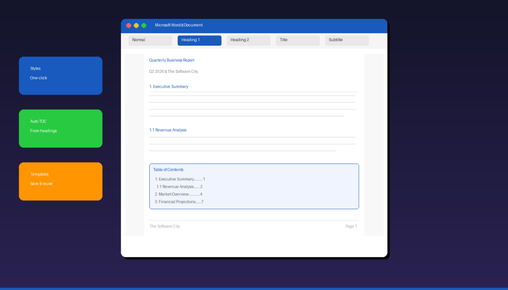 Microsoft Word professional document formatting with styles headings margins table of contents and footer