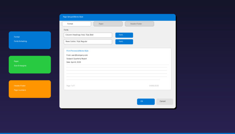 Outlook Page Setup dialog box showing Format Paper Header Footer tabs with print preview