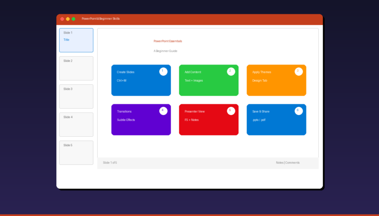 PowerPoint for beginners showing 6 essential skills create slides add content themes transitions presenter view