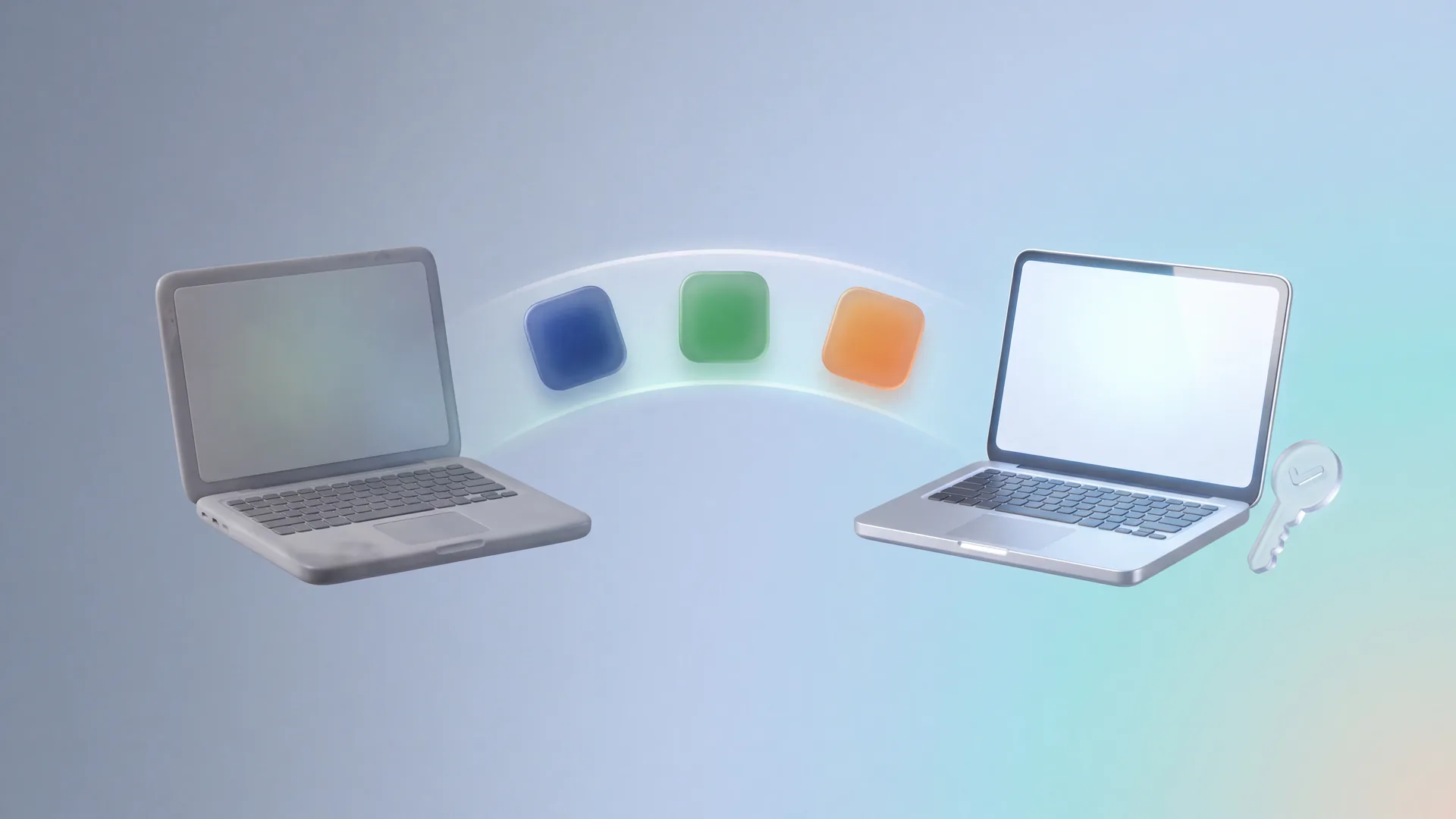 Moving Microsoft Office from an old laptop to a new one — frosted-glass app tiles gliding between two laptops with a glass key